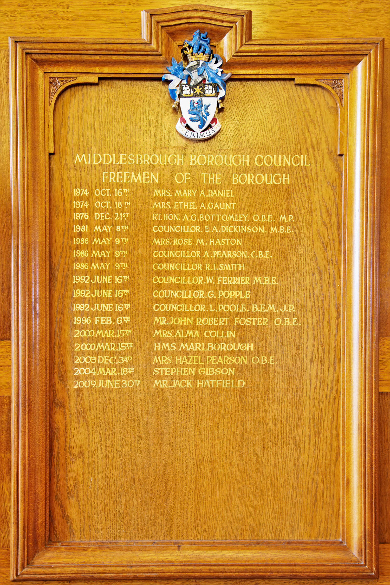 Plaque in Middlesbrough Town Hall listing those honoured with the Freedom of the Borough