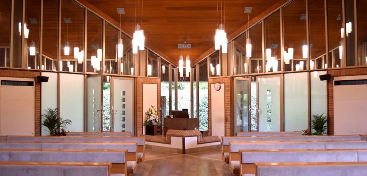 The wooden interior of St. Bede's Chapel